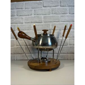 Vintage MCM Fondue Set 18/8 Stainless Steel Wood Mint Condition